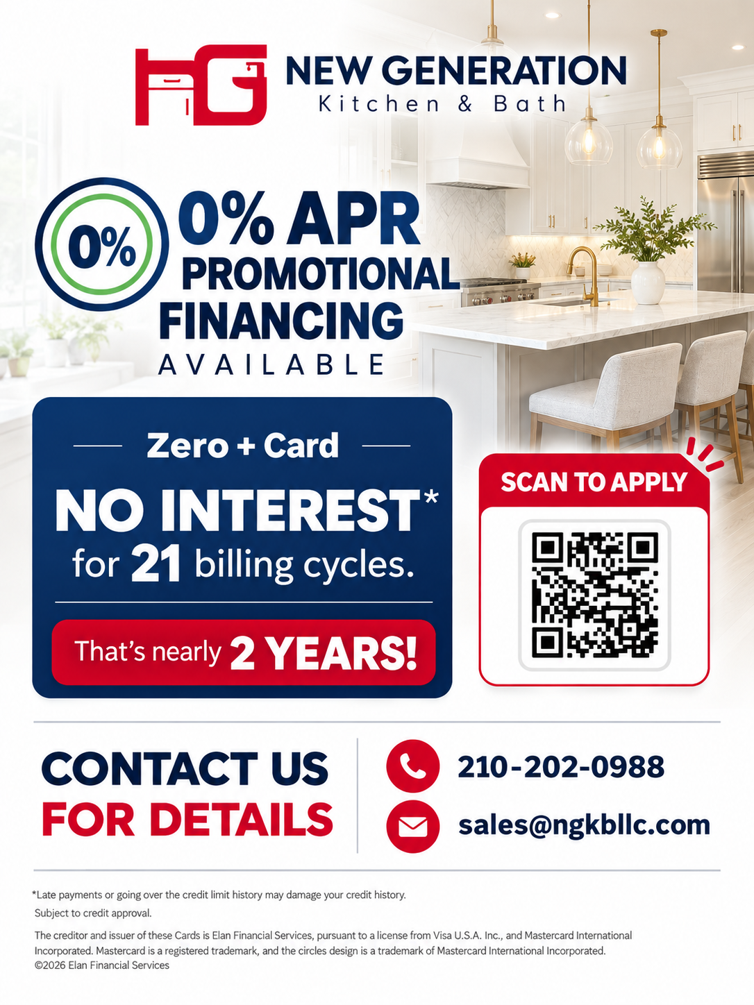 New Generation Kitchen & Bath 0% APR promotional financing flyer, no interest for 21 billing cycles